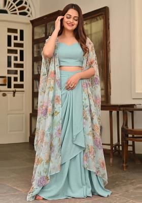 Light Blue Printed Silk Fusion Set