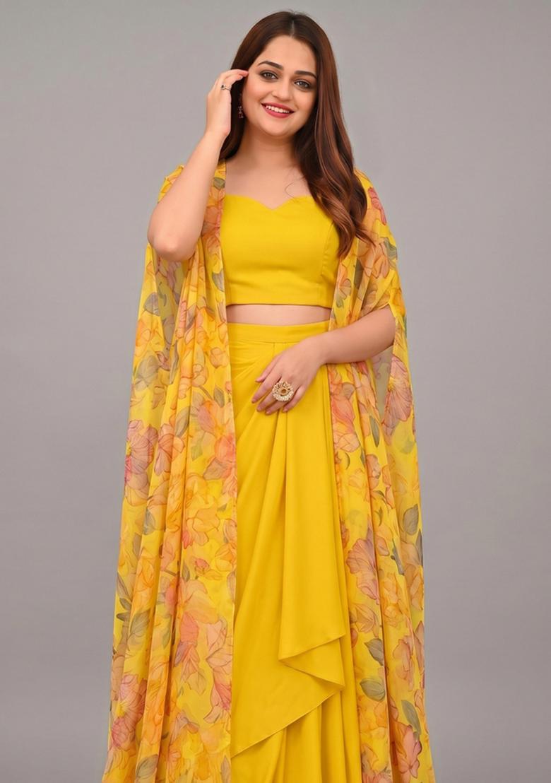 Yellow Printed Silk Fusion Set - Indya