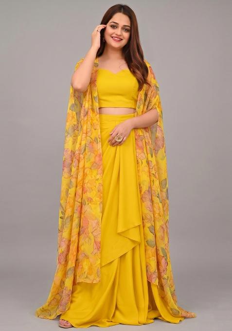 Yellow Floral Print Silk Fusion Set