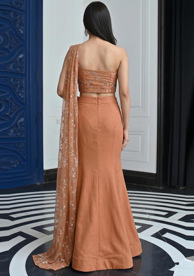 Copper Embroidered Organza Lehenga Set - Indya