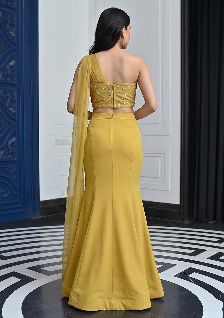 Mustard Embroidered Organza Lehenga Set - Indya