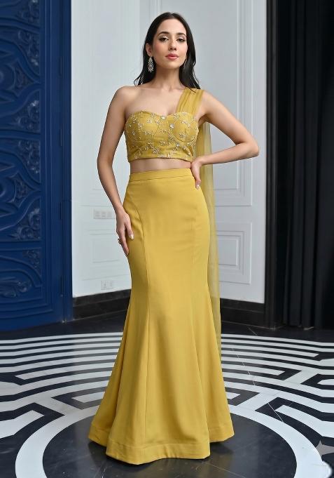 Mustard Embroidered Organza Lehenga Set