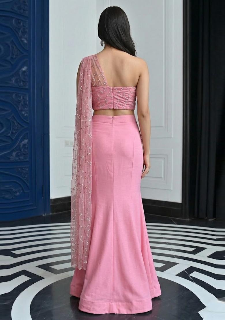 Pink Embroidered Organza Lehenga Set - Indya