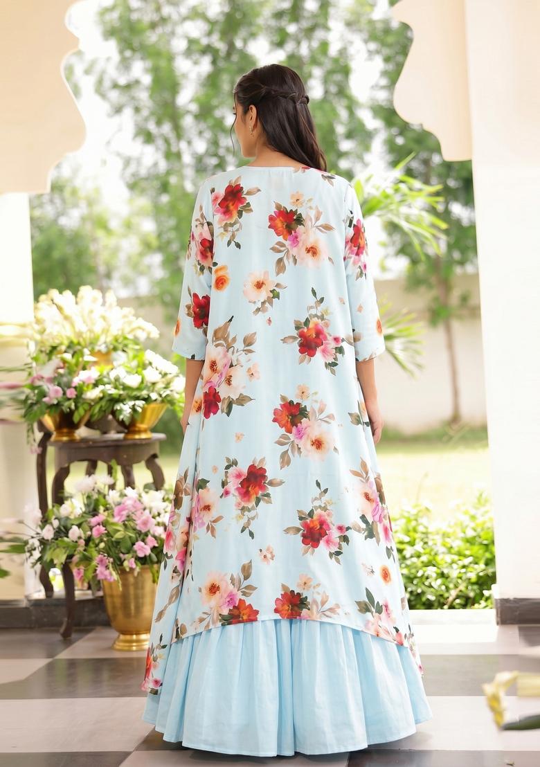Powder Blue Printed Poly Blend Lehenga Set - Indya