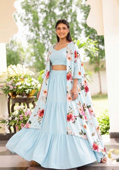 Powder Blue Printed Lehenga Set