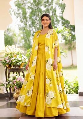 Mustard Printed Satin Lehenga Set