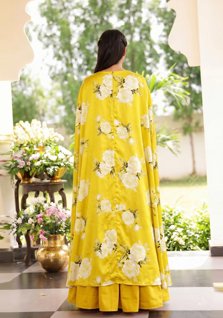 Mustard Printed Satin Lehenga Set - Indya