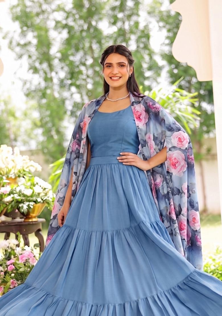 Dusty Blue Printed Satin Anarkali - Indya