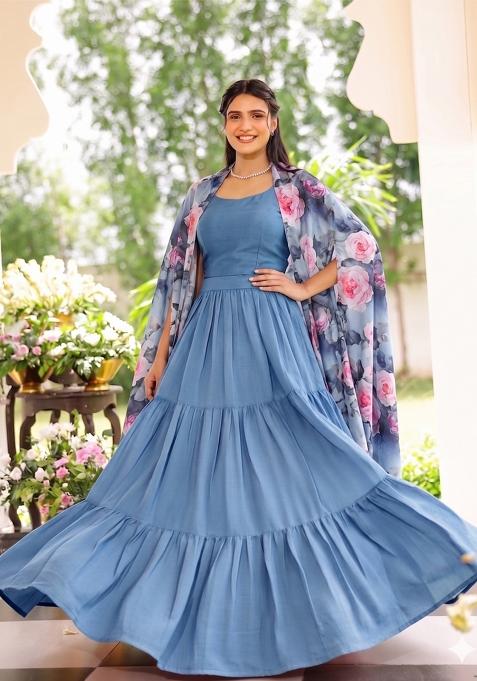 Dusty Blue Printed Satin Anarkali