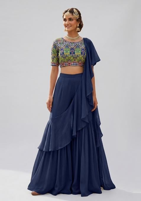 Navy Blue Printed Viscose Fusion Set