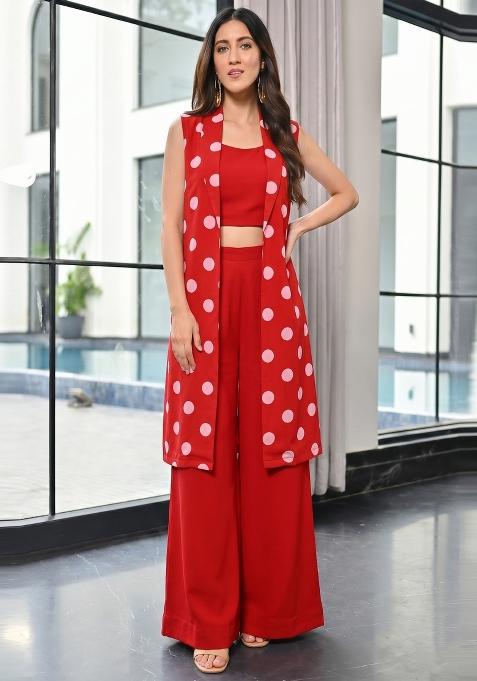 Bright Red Printed Georgette Fusion Set