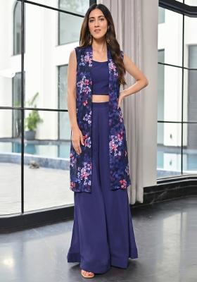 Dark Blue Printed Georgette Fusion Set