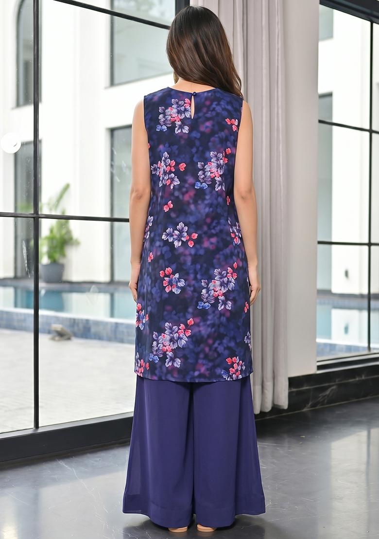 Dark Blue Printed Georgette Fusion Set - Indya