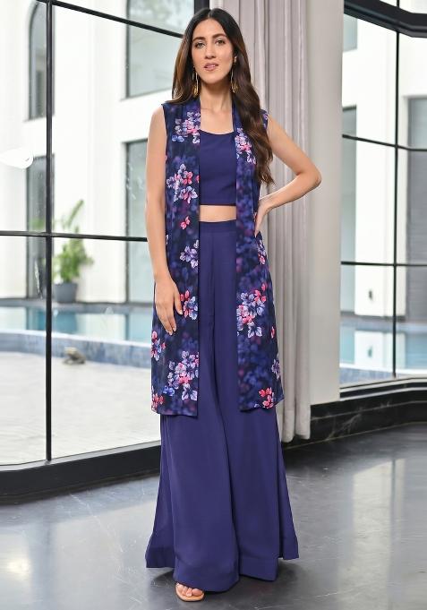 Dark Blue Floral Print Georgette Fusion Set
