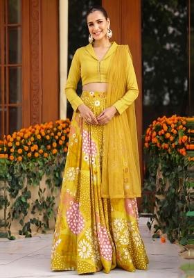 Mustard Printed Silk Blend Lehenga Set