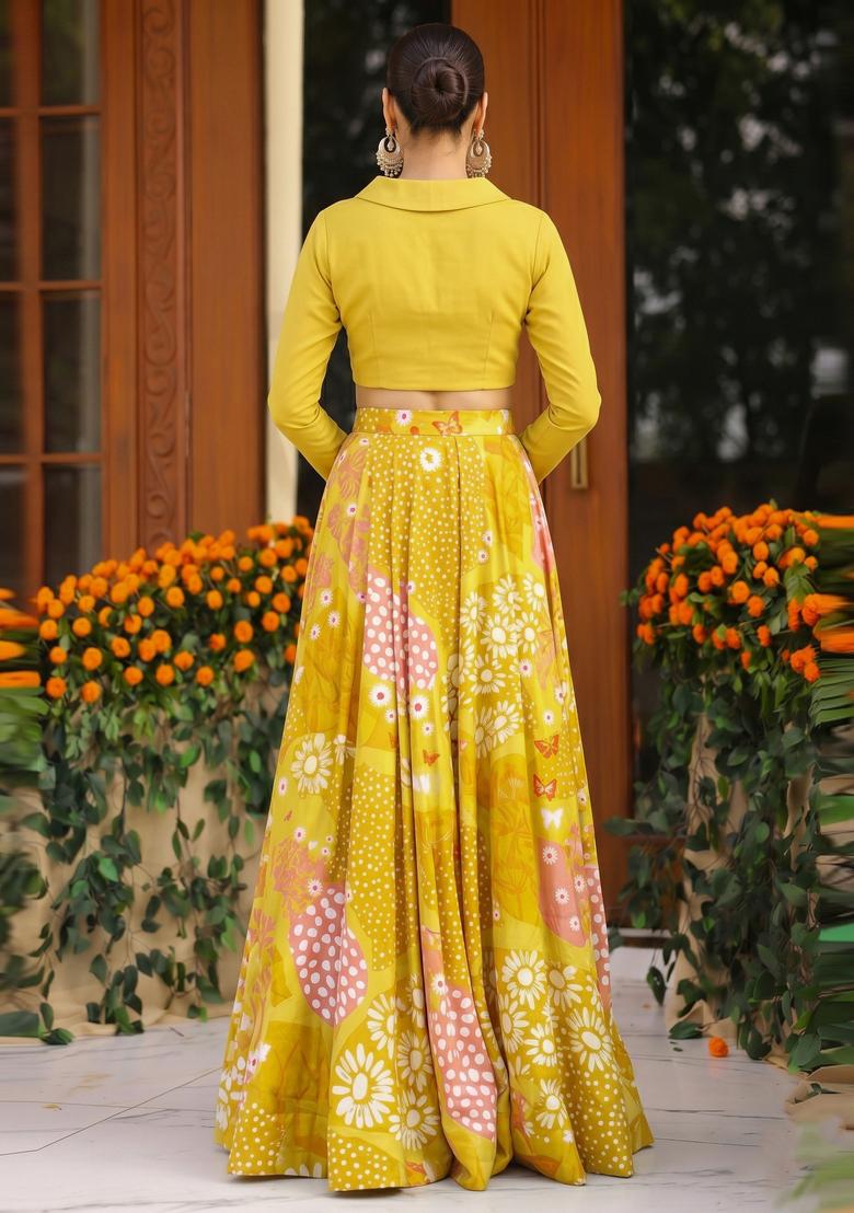 Mustard Printed Silk Blend Lehenga Set - Indya