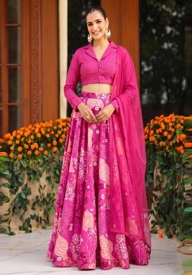 Hot Pink Printed Silk Blend Lehenga Set