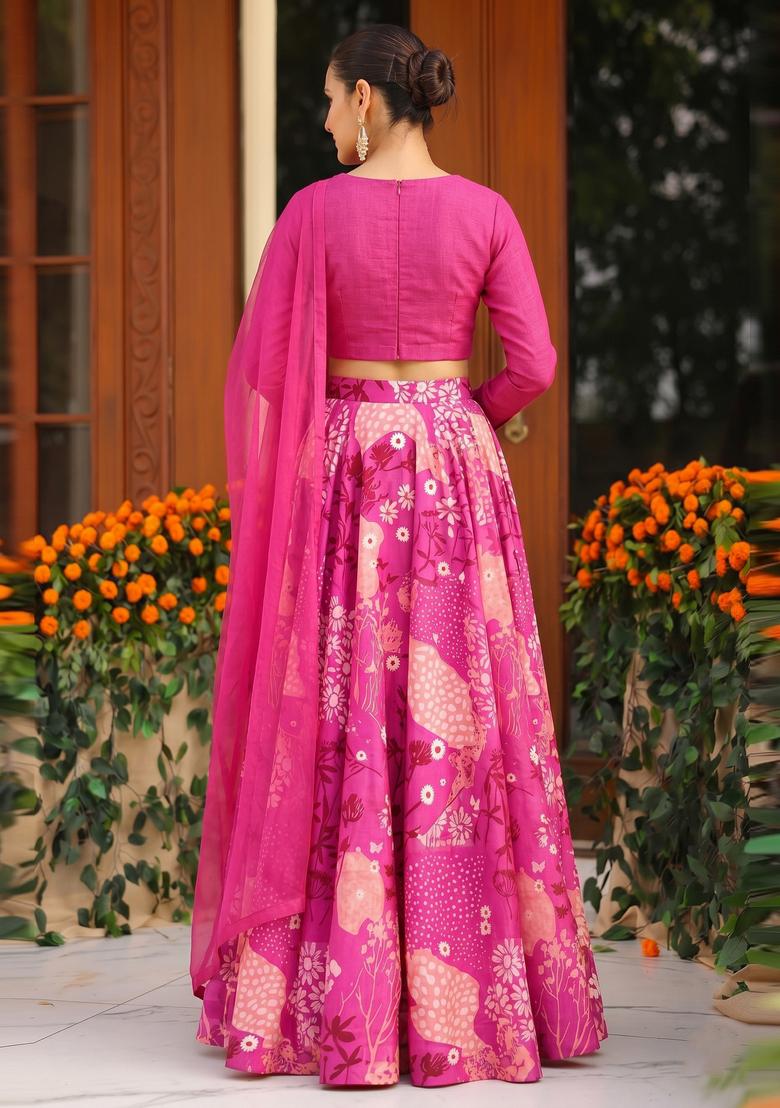 Hot Pink Printed Silk Blend Lehenga Set - Indya
