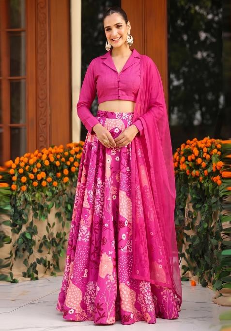 Hot Pink Floral Print Silk Lehenga Set