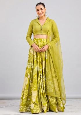 Lime Green Printed Silk Blend Lehenga Set