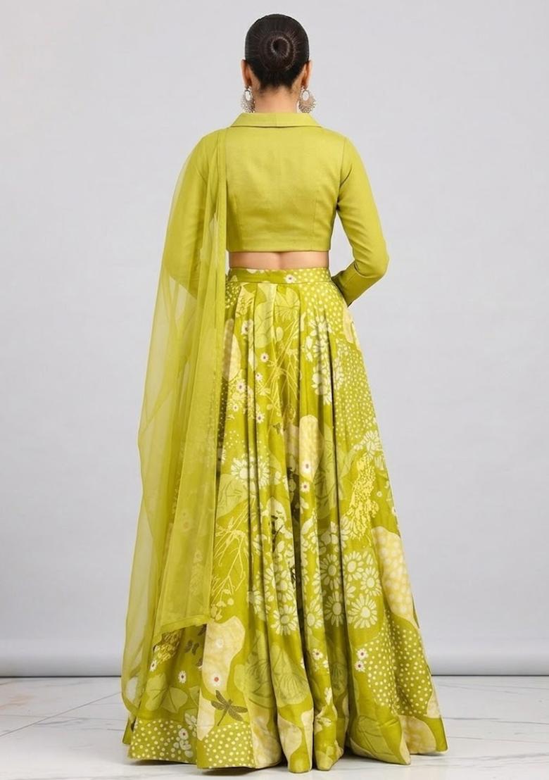 Lime Green Printed Silk Blend Lehenga Set - Indya