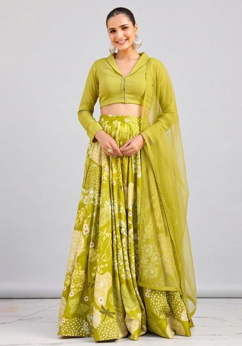 Lime Green Floral Print Silk Lehenga Set