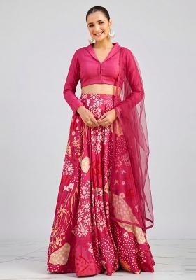 Pink Printed Silk Blend Lehenga Set