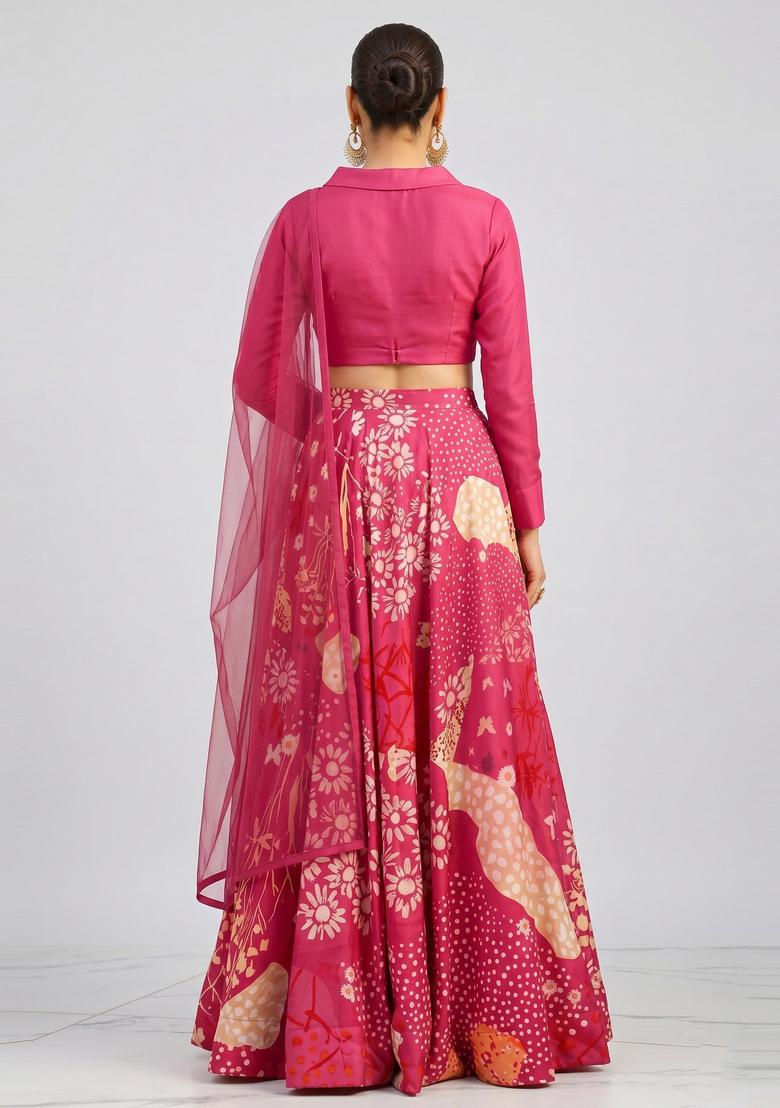 Pink Printed Silk Blend Lehenga Set - Indya