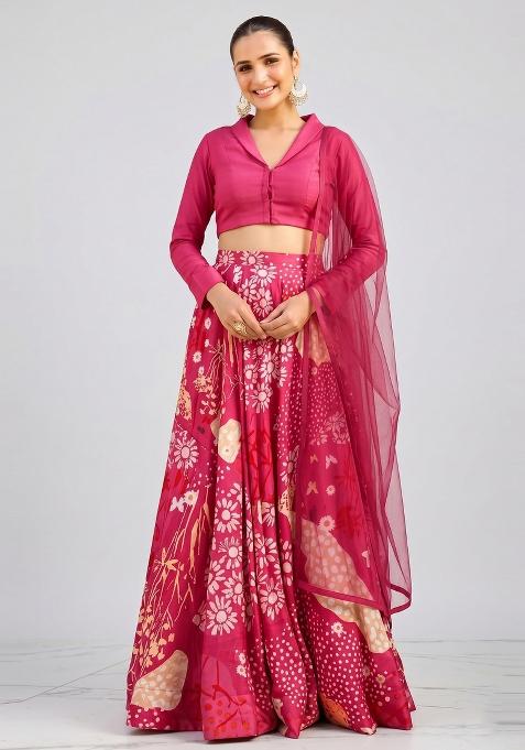 Pink Floral Print Silk Lehenga Set