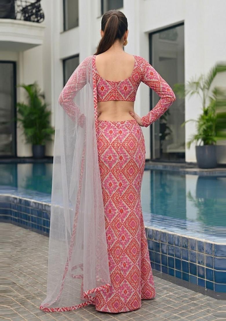 Pink Printed Georgette Lehenga Set - Indya