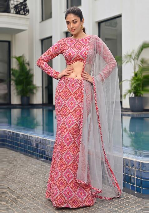 Pink Printed Georgette Lehenga Set