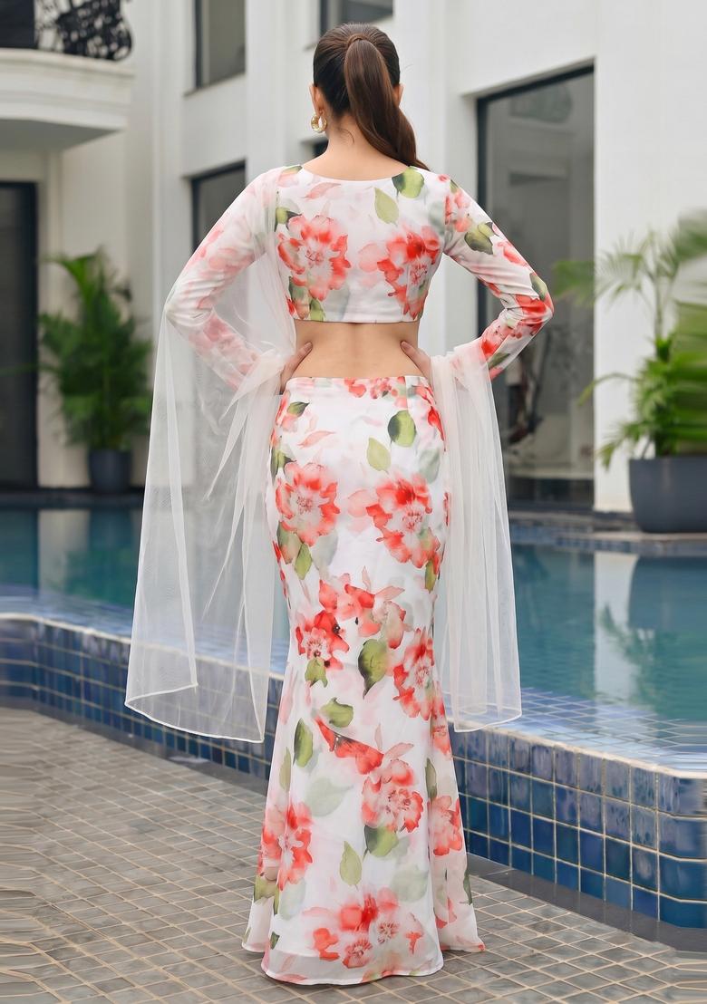 White Printed Georgette Lehenga Set - Indya