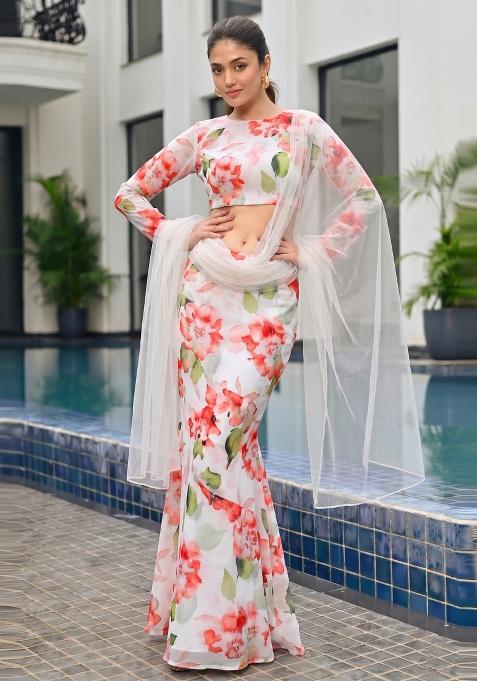 White Floral Print Georgette Lehenga Set