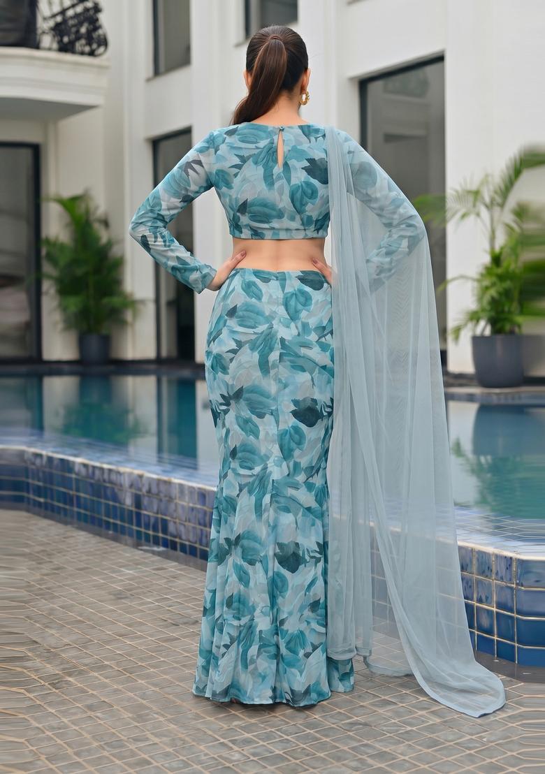 Teal Printed Georgette Lehenga Set - Indya