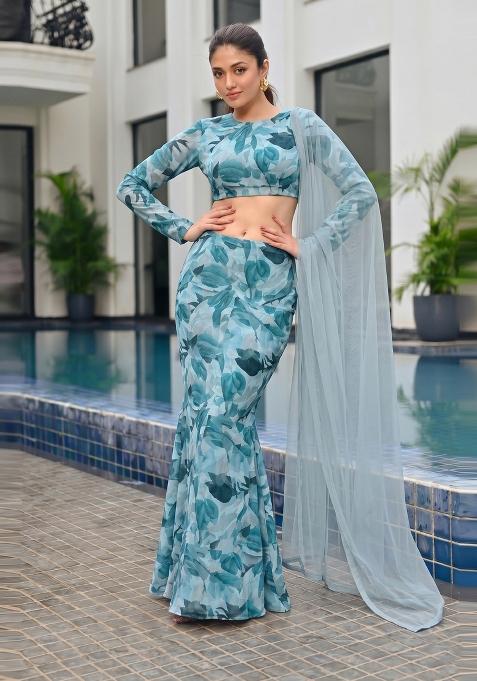 Teal Floral Print Georgette Lehenga Set