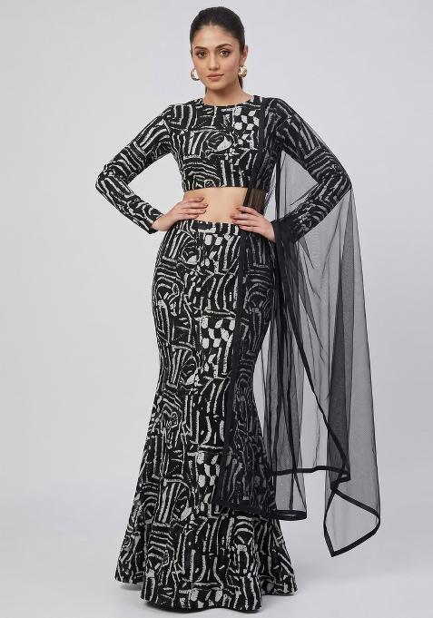 Black Abstract Print Georgette Lehenga Set