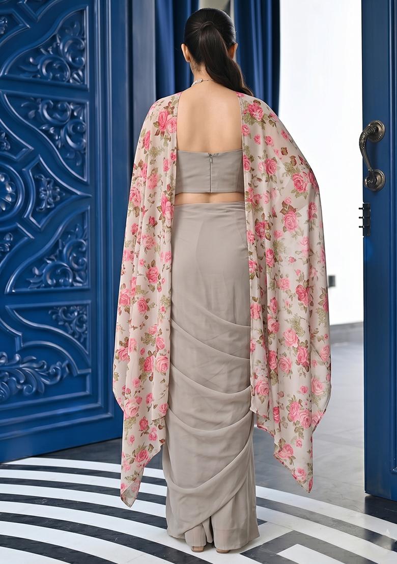 Grey Printed Georgette Fusion Set - Indya