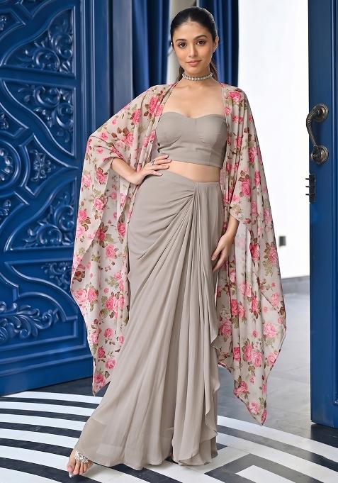 Grey Floral Print Georgette Fusion Set