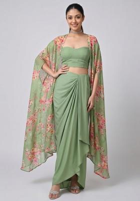 Sage Green Printed Georgette Fusion Set