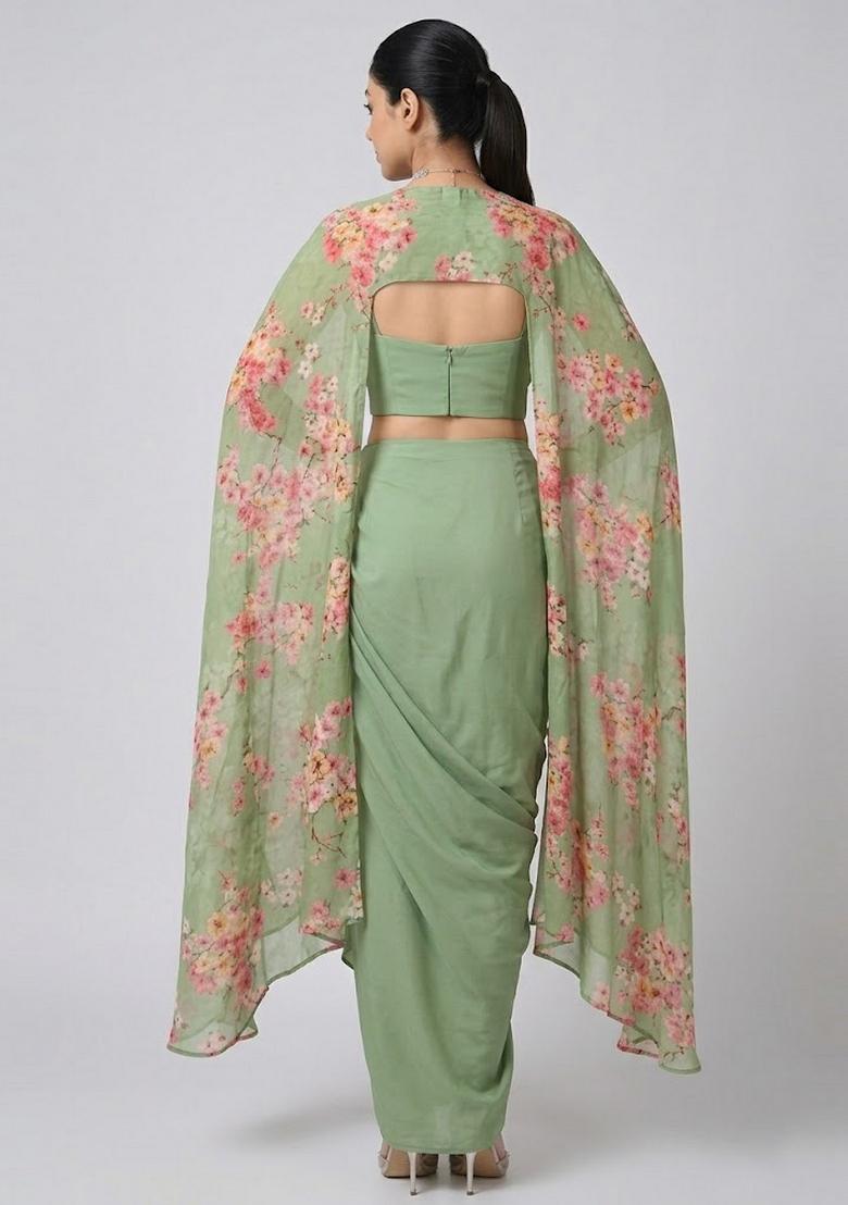 Sage Green Printed Georgette Fusion Set - Indya