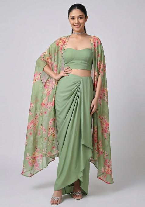 Sage Green Floral Print Georgette Fusion Set