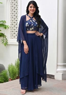 Navy Blue Printed Georgette Fusion Set