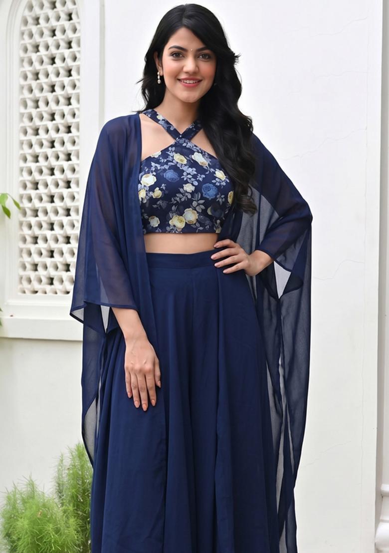 Navy Blue Printed Georgette Fusion Set - Indya