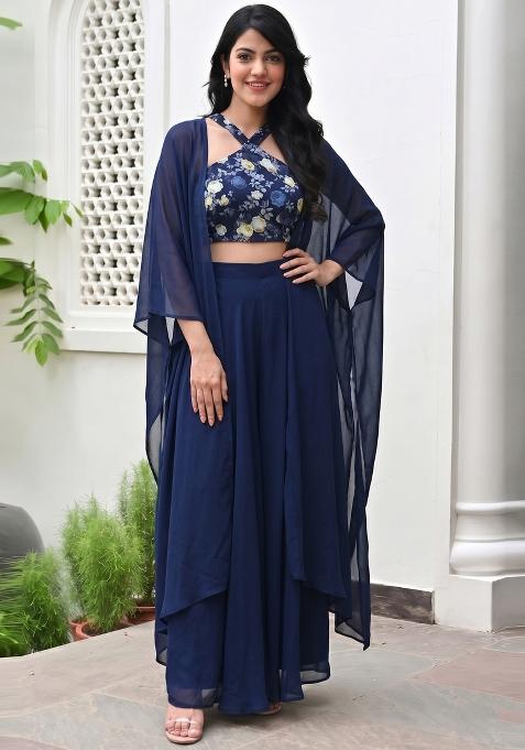 Navy Blue Floral Print Georgette Fusion Set