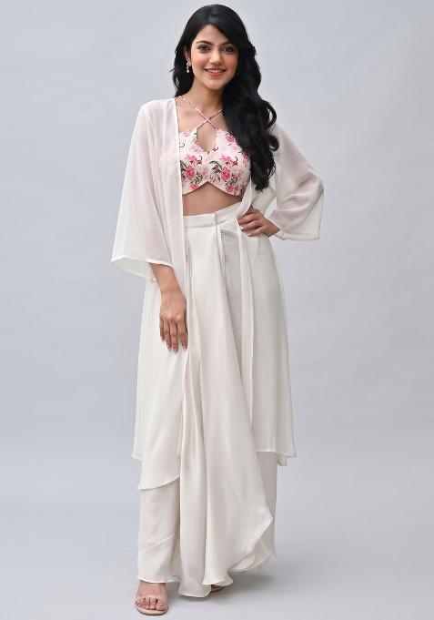 Off White Floral Print Georgette Fusion Set