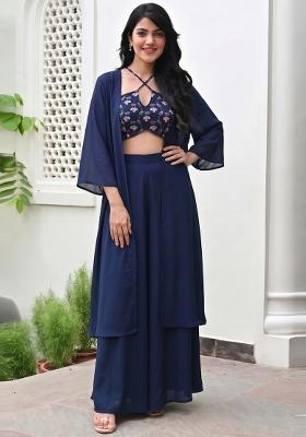 Navy Blue Printed Georgette Fusion Set