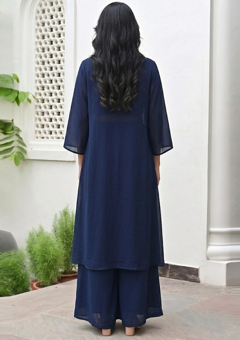 Navy Blue Printed Georgette Fusion Set - Indya