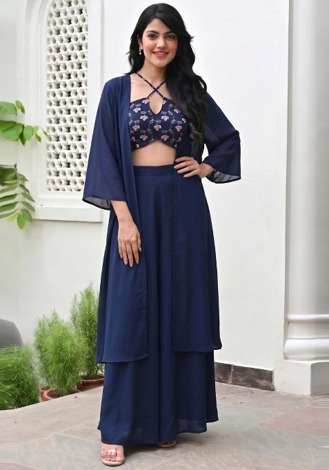 Navy Blue Printed Georgette Fusion Set