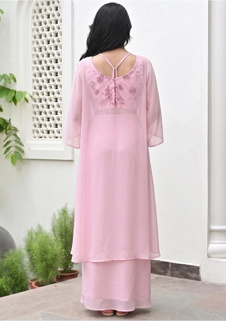 Pastel Pink Printed Georgette Fusion Set - Indya