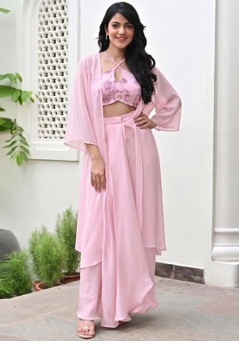 Pastel Pink Printed Georgette Fusion Set